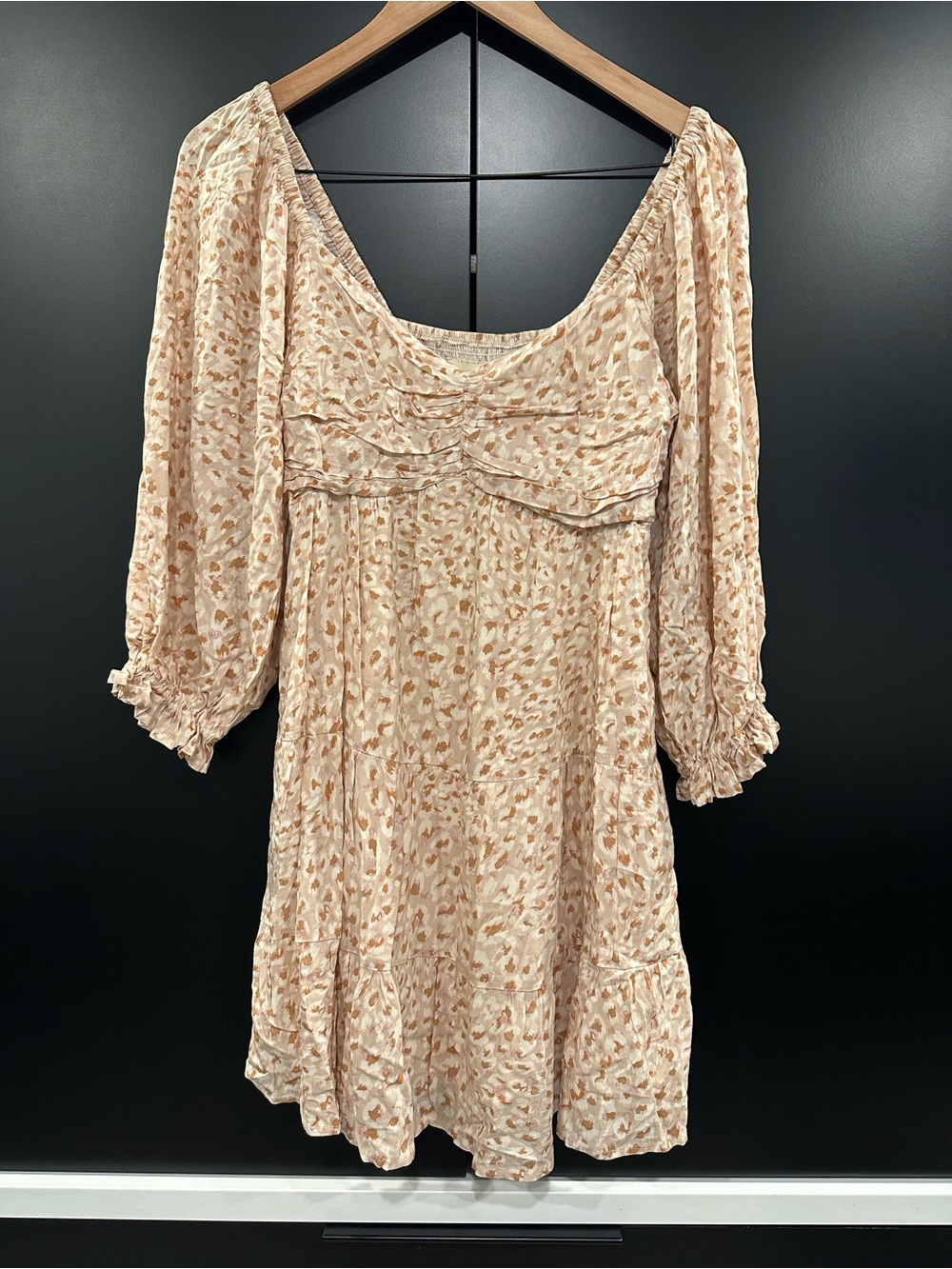 Saltwater Luxe Leopard Print Smocked Tiered Mini Dress Neutral Small NEW